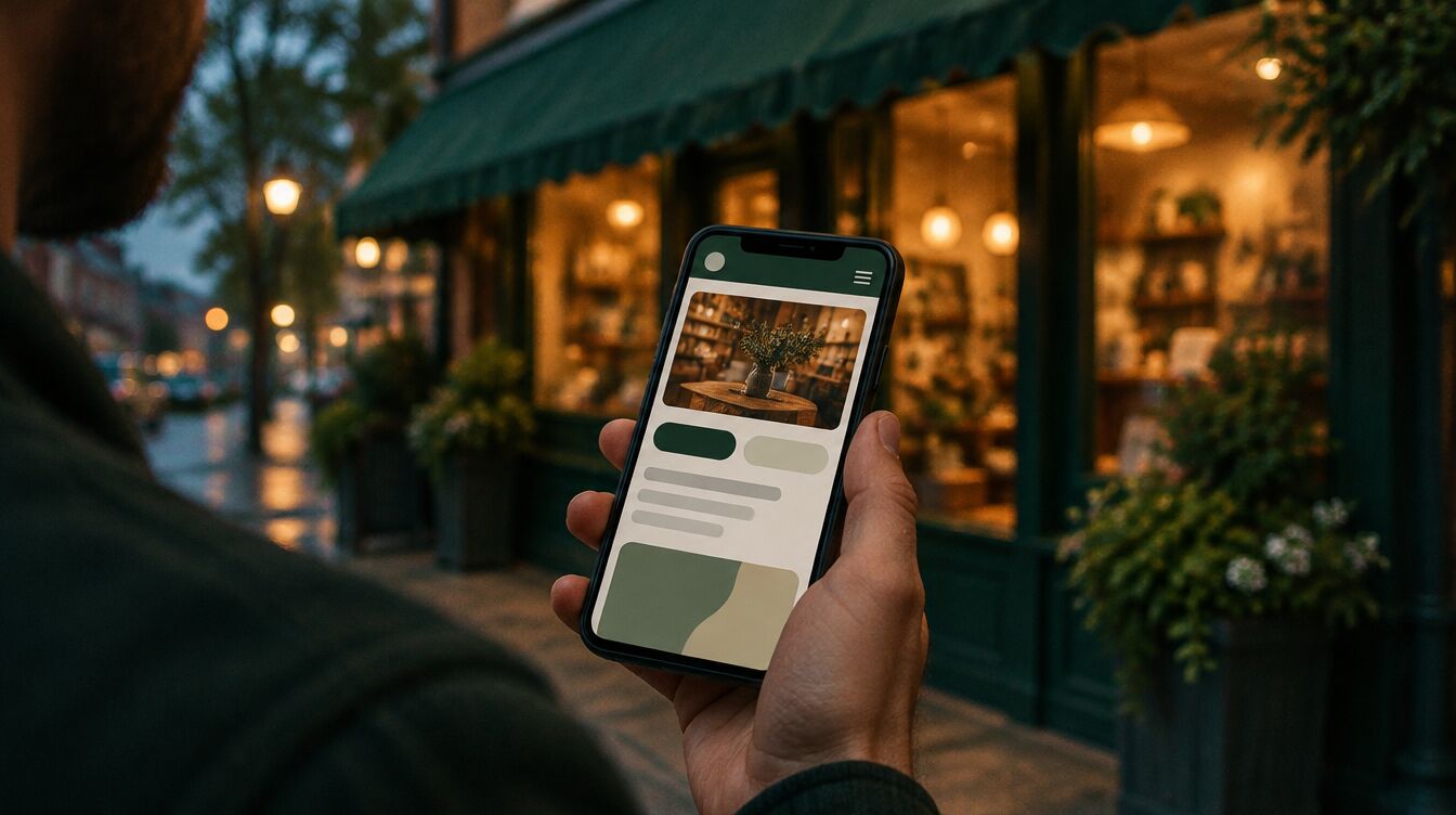 A shop owner holding a phone that shows a new website, in front of a storefront at dusk