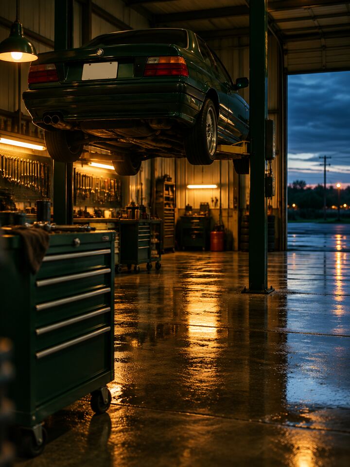 A car on a lift inside a tidy independent auto repair garage