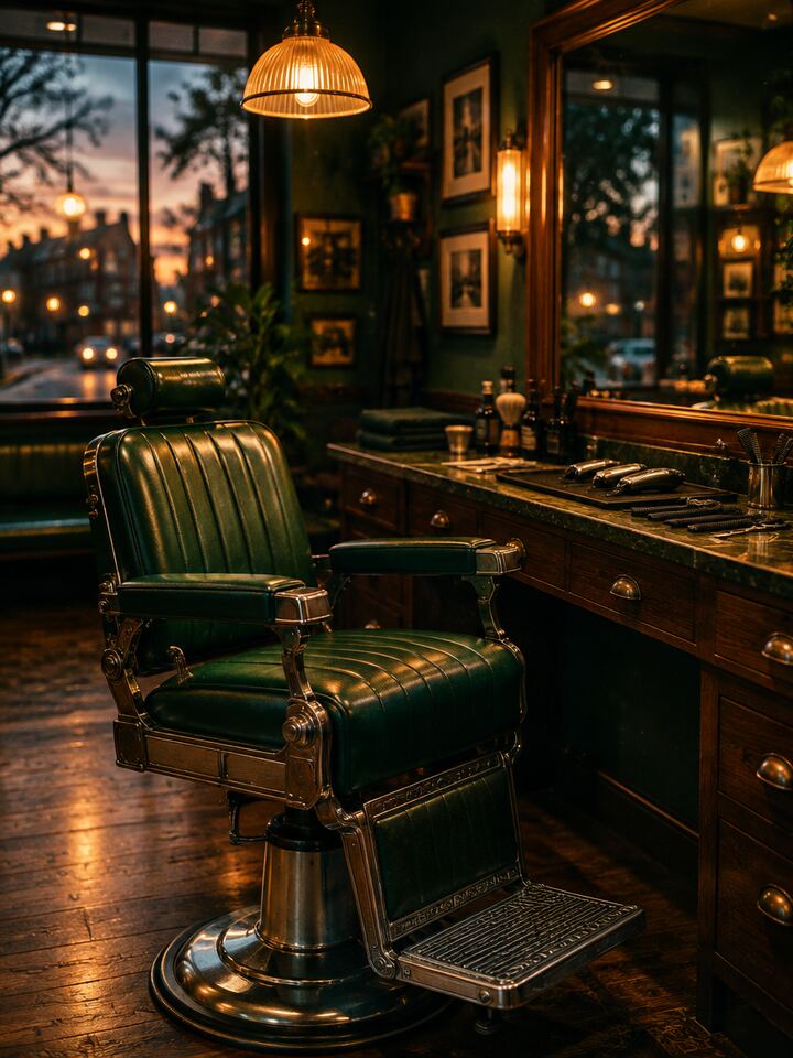 A green leather barber chair in a warmly lit neighborhood barber shop