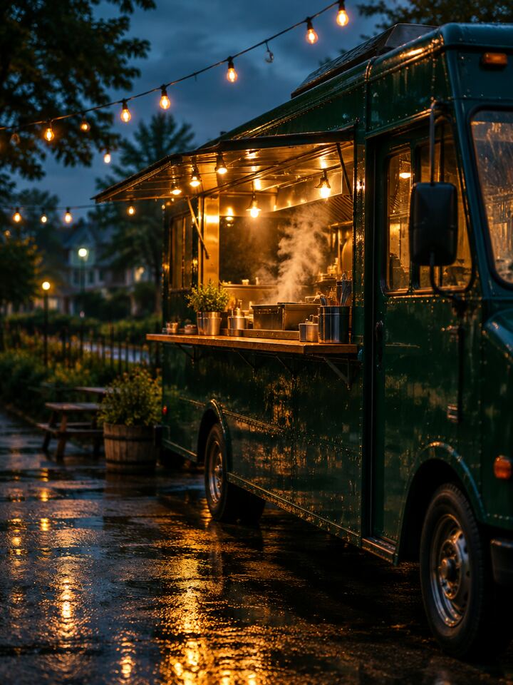 A green food truck with a glowing service window at dusk